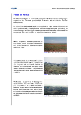 ________________________________________________________ Manual técnico de pedologia - 2a edição




Fases de relevo
Qualiﬁcam condições de declividade, comprimento de encostas e conﬁguração
superﬁcial dos terrenos, que deﬁnem as formas dos modelados (formas
topográﬁcas).

As distinções são empregadas principalmente para prover informações
sobre possibilidade do emprego de equipamentos agrícolas, mormente os
mecanizados, e facilitar inferências sobre susceptibilidade à erosão dos vários
ambientes. São reconhecidas as seguintes classes de relevo:




Plano - superfície de topograﬁa lisa ou
horizontal, onde os desnivelamentos
são muito pequenos, com declividades
inferiores a 3%.


                                                 Foto 96 - Relevo plano. Chapada dos Parecis - MT




Suave Ondulado - superfície de topograﬁa
ligeiramente movimentada, constituída
por conjunto de pequenas colinas ou
outeiros, ou sucessão de pequenos vales
pouco encaixados (rasos), conﬁgurando
pendentes ou encostas com declives entre
3 até 8%.
                                                 Foto 97 - Relevo suave ondulado. Rio Branco - AC.




Ondulado - superfície de topografia
relativamente movimentada, constituída
por conjunto de medianas colinas e
outeiros, ou por interﬂúvios de pendentes
curtas, formadas por vales encaixados,
conﬁgurando em todos os casos pendentes
ou encostas com declives maiores que 8%
até 20%.                                         Foto 98 - Relevo ondulado. Nova Brasilândia - MT
 