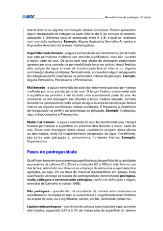 ________________________________________________________ Manual técnico de pedologia - 2a edição




lateral interna ou alguma combinação dessas condições. Podem apresentar
algum mosqueado de redução na parte inferior do B, ou no topo do mesmo,
associado à diferença textural acentuada entre A e B, a qual se relaciona
com condição epiáquica. Exemplo: Alguns Argissolos Vermelho-Amarelos e
Argissolos Amarelos de textura média/argilosa.

Imperfeitamente drenado - a água é removida do solo lentamente, de tal modo
que este permanece molhado por período signiﬁcativo, mas não durante
a maior parte do ano. Os solos com esta classe de drenagem comumente
apresentam uma camada de permeabilidade lenta no solum, lençol freático
alto, adição de água através de translocação lateral interna ou alguma
combinação destas condições. Normalmente, apresentam algum mosqueado
de redução no perﬁl, notando-se na parte baixa indícios de gleização. Exemplo:
Alguns Vertissolos, Planossolos e Plintossolos.

Mal drenado - a água é removida do solo tão lentamente que este permanece
molhado por uma grande parte do ano. O lençol freático comumente está
à superfície ou próximo a ela durante uma considerável parte do ano. As
condições de má drenagem são devidas a lençol freático elevado, camada
lentamente permeável no perﬁl, adição de água através de translocação lateral
interna ou alguma combinação destas condições. É freqüente a ocorrência
de mosqueado no perﬁl e características de gleização. Exemplo: Gleissolos,
alguns Espodossolos e Planossolos.

Muito mal drenado - a água é removida do solo tão lentamente que o lençol
freático permanece à superfície ou próximo dela durante a maior parte do
ano. Solos com drenagem desta classe usualmente ocupam áreas planas
ou depressões, onde há freqüentemente estagnação de água. Geralmente,
são solos com gleização e, comumente, horizonte hístico. Exemplo:
Organossolos.


Fases de pedregosidade
Qualiﬁcam áreas em que a presença superﬁcial ou subsuperﬁcial de quantidades
expressivas de calhaus (2 a 20cm) e matacões (20 a 100cm) interfere no uso
das terras, sobretudo no referente ao emprego de máquinas e equipamentos
agrícolas, ou seja, 3% ou mais de material macroclástico em apreço. Essa
qualiﬁcação abrange as classes de pedregosidade denominadas pedregosa,
muito pedregosa e extremamente pedregosa, conforme deﬁnições a seguir,
extraídas de Carvalho e outros (1988):

Não pedregosa - quando não há ocorrência de calhaus e/ou matacões na
superfície e/ou na massa do solo, ou a ocorrência é insigniﬁcante e não interfere
na aração do solo, ou é signiﬁcante, sendo, porém, facilmente removível.

Ligeiramente pedregosa - ocorrência de calhaus e/ou matacões esparsamente
distribuídos, ocupando 0,01 a 0,1% da massa e/ou da superfície do terreno
 