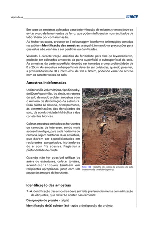 Apêndices ____________________________________________________________________________________




            Em caso de amostras coletadas para determinação de micronutrientes deve-se
            evitar o uso de ferramentas de ferro, que podem inﬂuenciar nos resultados de
            laboratório por contaminação.
            Ao fechar os sacos, procede-se à etiquetagem (conforme orientações contidas
            no subitem Identiﬁcação das amostras, a seguir), tomando-se precauções para
            que estas não venham a ser perdidas ou daniﬁcadas.

            Visando à caracterização analítica da fertilidade para ﬁns de levantamento,
            poderão ser coletadas amostras da parte superﬁcial e subsuperﬁcial do solo.
            As amostras da parte superﬁcial deverão ser tomadas a uma profundidade de
            0 a 20cm. As amostras subsuperﬁciais deverão ser coletadas, quando possível,
            a profundidades de 50 a 70cm e/ou de 100 a 120cm, podendo variar de acordo
            com as características do solo.

            Amostras indeformadas
            Utilizar anéis volumétricos, tipo Kopecky,
            de 50cm3 ou similar, ou ainda, extratores
            de solo de modo a obter amostras com
            o mínimo de deformação da estrutura.
            Essa coleta se destina, principalmente,
            às determinações das densidades do
            solo, da condutividade hidráulica e das
            constantes hídricas.

            Coletar amostras em todos os horizontes
            ou camadas de interesse, sendo mais
            aconselhável que, para cada horizonte ou
            camada, sejam coletadas duas amostras,
            que devem ser acondicionadas em
            recipientes apropriados, isolando-as
            do ar com fita adesiva. Registrar a
            profundidade de coleta.

            Quando não for possível utilizar os
            anéis ou extratores, coletar torrões,
            acondicionando-os também em
                                                          Foto 143 - Detalhe de coleta de amostra de solo
            recipientes apropriados, junto com um         indeformada (anel de Kopecky)
            pouco de amostra do horizonte.



            Identiﬁcação das amostras
            1 - A identiﬁcação das amostras deve ser feita preferencialmente com utilização
                de etiquetas, que deverão conter basicamente:
            Designação do projeto - (sigla)
            Identiﬁcação do(s) coletor (es) - após a designação do projeto
 