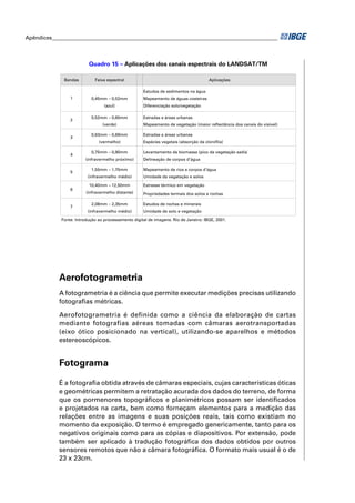 Apêndices ____________________________________________________________________________________



                          Quadro 15 – Aplicações dos canais espectrais do LANDSAT/TM

              Bandas         Faixa espectral                                          Aplicações

                                                     Estudos de sedimentos na água
                 1         0,45mm – 0,52mm           Mapeamento de águas costeiras
                                  (azul)             Diferenciação solo/vegetação

                           0,52mm – 0,60mm           Estradas e áreas urbanas
                 2
                                 (verde)             Mapeamento de vegetação (maior reflectância dos canais do visível)

                           0,63mm – 0,69mm           Estradas e áreas urbanas
                 3
                               (vermelho)            Espécies vegetais (absorção da clorofila)

                           0,75mm – 0,90mm           Levantamento da biomassa (pico da vegetação sadia)
                 4
                         (infravermelho próximo)     Delineação de corpos d’água

                           1,55mm – 1,75mm           Mapeamento de rios e corpos d’água
                 5
                          (infravermelho médio)      Umidade da vegetação e solos

                          10,40mm – 12,50mm          Estresse térmico em vegetação
                 6
                         (infravermelho distante)    Propriedades termais dos solos e rochas

                           2,08mm – 2,35mm           Estudos de rochas e minerais
                 7
                          (infravermelho médio)      Umidade de solo e vegetação

             Fonte: Introdução ao processamento digital de imagens. Rio de Janeiro: IBGE, 2001.




            Aerofotogrametria
            A fotogrametria é a ciência que permite executar medições precisas utilizando
            fotograﬁas métricas.

            Aerofotogrametria é definida como a ciência da elaboração de cartas
            mediante fotografias aéreas tomadas com câmaras aerotransportadas
            (eixo ótico posicionado na vertical), utilizando-se aparelhos e métodos
            estereoscópicos.


            Fotograma
            É a fotograﬁa obtida através de câmaras especiais, cujas características óticas
            e geométricas permitem a retratação acurada dos dados do terreno, de forma
            que os pormenores topográﬁcos e planimétricos possam ser identiﬁcados
            e projetados na carta, bem como forneçam elementos para a medição das
            relações entre as imagens e suas posições reais, tais como existiam no
            momento da exposição. O termo é empregado genericamente, tanto para os
            negativos originais como para as cópias e diapositivos. Por extensão, pode
            também ser aplicado à tradução fotográﬁca dos dados obtidos por outros
            sensores remotos que não a câmara fotográﬁca. O formato mais usual é o de
            23 x 23cm.
 