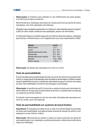 ________________________________________________________ Manual técnico de pedologia - 2a edição



Observações: O método mais utilizado é o do inﬁltrômetro de anéis duplos,
com lâminas de água constante.

Recomenda-se a realização dos testes em locais próximos aos perﬁs de solos
estudados, com três repetições simultâneas.

Os testes cujos resultados apresentem um desvio em valor absoluto igual ou superior
a 30% do valor médio (média de três repetições), devem ser eliminados.

A inﬁltração básica é avaliada segundo os critérios descritos abaixo, adotados
pelo Bureau of Reclamation, em Irrigated land use: land classiﬁcation (1953):


               Classe                            cm/h
               Muito lenta                       < 0,1
               Lenta                             0,1 - 0,5
               Moderadamente lenta               0,5 - 2,0
               Moderada                          2,0 - 6,0
               Moderadamente rápida              6,0 - 12,5
               Rápida                            12,5 - 25,0
               Muito rápida                      > 25,0


Observação: Os dados são expressos em cm/h ou mm/h.

Teste de permeabilidade
É recomendado para caracterização do solo, do ponto de vista do comportamento
hídrico, e usado para ﬁns de planejamento de sistema de drenagem. A determinação
da permeabilidade fornece a medida da velocidade da água no interior da massa
do solo. Permeabilidade é sinônimo de drenagem e percolação.

Observação: A escolha do perﬁl, horizonte ou seção do solo para condução do
teste é feita em função das características do terreno, considerando a presença
ou ausência de lençol freático.

O método mais empregado é o do furo de trado. Os dados são expressos em
cm/h ou m/dia, com uma decimal.

Teste de permeabilidade em ausência de lençol freático
Importância: É indicado para determinar o valor K (condutividade) de camadas
de baixa permeabilidade, pré-selecionadas através do estudo do perﬁl e com
espessura nunca inferior a 40cm.

Observação: Recomenda-se realizar o teste em locais próximos do perﬁl do
solo selecionado, com repetição e, preferencialmente, onde tenham sido feitos
testes de inﬁltração.
 