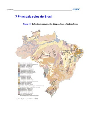 Apêndices ____________________________________________________________________________________




            7 Principais solos do Brasil

                           Figura 18 - Delimitação esquemática dos principais solos brasileiros




                     ARGISSOLOS AMARELOS
                     ARGISSOLOS VERMELHO-AMARELOS
                     ARGISSOLOS VERMELHOS
                     CAMBISSOLOS HÚMICOS
                     CAMBISSOLOS HÁPLICOS
                     CHERNOSSOLOS RÊNDZICOS
                     CHERNOSSOLOS EBÂNICOS
                     CHERNOSSOLOS ARGILÚVICOS
                     ESPODOSSOLOS FERRILÚVICOS
                     GLEISSOLOS TIOMÓRFICOS
                     GLEISSOLOS SÁLICOS
                     GLEISSOLOS HÁPLICOS
                     LATOSSOLOS BRUNOS
                     LATOSSOLOS AMARELOS
                     LATOSSOLOS VERMELHOS
                     LATOSSOLOS VERMELHO-AMARELOS
                     LUVISSOLOS CRÔMICOS
                     NEOSSOLOS LITÓLICOS
                     NEOSSOLOS REGOLÍTICOS
                     NEOSSOLOS QUARTZARÊNICOS HIDROMÓRFICOS
                     NEOSSOLOS QUARTZARÊNICOS ÓRTICOS
                     NITOSSOLOS VERMELHOS
                     PLANOSSOLOS NÁTRICOS
                     PLANOSSOLOS HÁPLICOS
                     PLINTOSSOLOS PÉTRICOS
                     PLINTOSSOLOS HÁPLICOS
                     VERTISSOLOS EBÂNICOS
                     AFLORAMENTOS DE ROCHAS E DUNAS


             Adaptado de Atlas nacional do Brasil (2000).
 
