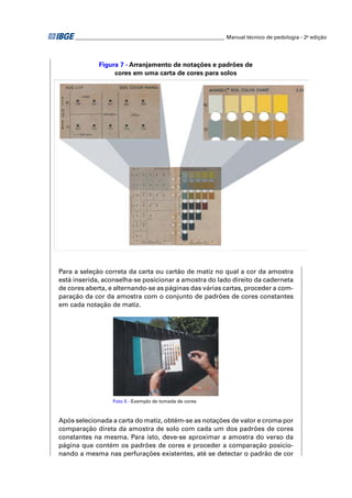 ________________________________________________________ Manual técnico de pedologia - 2a edição




              Figura 7 - Arranjamento de notações e padrões de
                   cores em uma carta de cores para solos




Para a seleção correta da carta ou cartão de matiz no qual a cor da amostra
está inserida, aconselha-se posicionar a amostra do lado direito da caderneta
de cores aberta, e alternando-se as páginas das várias cartas, proceder a com-
paração da cor da amostra com o conjunto de padrões de cores constantes
em cada notação de matiz.




                   Foto 5 - Exemplo de tomada de cores



Após selecionada a carta do matiz, obtém-se as notações de valor e croma por
comparação direta da amostra de solo com cada um dos padrões de cores
constantes na mesma. Para isto, deve-se aproximar a amostra do verso da
página que contém os padrões de cores e proceder a comparação posicio-
nando a mesma nas perfurações existentes, até se detectar o padrão de cor
 