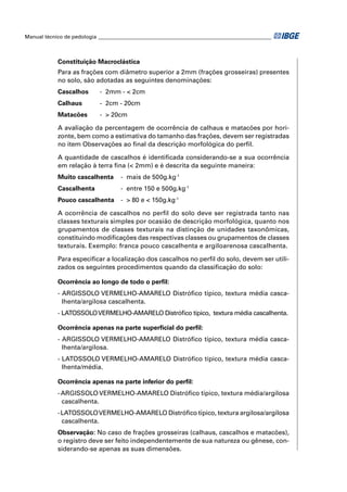 Manual técnico de pedologia __________________________________________________________________



            Constituição Macroclástica
            Para as frações com diâmetro superior a 2mm (frações grosseiras) presentes
            no solo, são adotadas as seguintes denominações:
            Cascalhos       - 2mm - < 2cm
            Calhaus         - 2cm - 20cm
            Matacões        - > 20cm

            A avaliação da percentagem de ocorrência de calhaus e matacões por hori-
            zonte, bem como a estimativa do tamanho das frações, devem ser registradas
            no item Observações ao ﬁnal da descrição morfológica do perﬁl.

            A quantidade de cascalhos é identiﬁcada considerando-se a sua ocorrência
            em relação à terra ﬁna (< 2mm) e é descrita da seguinte maneira:
            Muito cascalhenta       - mais de 500g.kg-1
            Cascalhenta             - entre 150 e 500g.kg-1
            Pouco cascalhenta       - > 80 e < 150g.kg-1

            A ocorrência de cascalhos no perﬁl do solo deve ser registrada tanto nas
            classes texturais simples por ocasião de descrição morfológica, quanto nos
            grupamentos de classes texturais na distinção de unidades taxonômicas,
            constituindo modiﬁcações das respectivas classes ou grupamentos de classes
            texturais. Exemplo: franca pouco cascalhenta e argiloarenosa cascalhenta.

            Para especiﬁcar a localização dos cascalhos no perﬁl do solo, devem ser utili-
            zados os seguintes procedimentos quando da classiﬁcação do solo:

            Ocorrência ao longo de todo o perﬁl:
            - ARGISSOLO VERMELHO-AMARELO Distróﬁco típico, textura média casca-
              lhenta/argilosa cascalhenta.
            - LATOSSOLO VERMELHO-AMARELO Distróﬁco típico, textura média cascalhenta.

            Ocorrência apenas na parte superﬁcial do perﬁl:
            - ARGISSOLO VERMELHO-AMARELO Distróﬁco típico, textura média casca-
              lhenta/argilosa.
            - LATOSSOLO VERMELHO-AMARELO Distróﬁco típico, textura média casca-
              lhenta/média.

            Ocorrência apenas na parte inferior do perﬁl:
            - ARGISSOLO VERMELHO-AMARELO Distróﬁco típico, textura média/argilosa
              cascalhenta.
            - LATOSSOLO VERMELHO-AMARELO Distróﬁco típico, textura argilosa/argilosa
              cascalhenta.
            Observação: No caso de frações grosseiras (calhaus, cascalhos e matacões),
            o registro deve ser feito independentemente de sua natureza ou gênese, con-
            siderando-se apenas as suas dimensões.
 