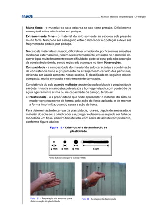 ________________________________________________________ Manual técnico de pedologia - 2a edição



Muito ﬁrme - o material do solo esboroa-se sob forte pressão. Diﬁcilmente
esmagável entre o indicador e o polegar.
Extremamente ﬁrme - o material do solo somente se esboroa sob pressão
muito forte. Não pode ser esmagado entre o indicador e o polegar e deve ser
fragmentado pedaço por pedaço.

No caso de material estruturado, difícil de ser umedecido, por ﬁcarem as amostras
molhadas externamente, porém secas internamente, em razão de o material ab-
sorver água muito lentamente e com diﬁculdade, pode-se optar pela não descrição
da consistência úmida, sendo registrado o porque no item Observações.
Compacidade - a compacidade do material do solo caracteriza a combinação
de consistência ﬁrme e grupamento ou arranjamento cerrado das partículas,
devendo ser usada somente nesse sentido. É classiﬁcada do seguinte modo:
compacto, muito compacto e extremamente compacto.

Consistência do solo quando molhado caracteriza a plasticidade e pegajosidade
e é determinada em amostra pulverizada e homogeneizada, com conteúdo de
água ligeiramente acima ou na capacidade de campo, tendo-se:
a) Plasticidade - é a propriedade que pode apresentar o material do solo de
   mudar continuamente de forma, pela ação da força aplicada, e de manter
   a forma imprimida, quando cessa a ação da força.

Para determinação de campo da plasticidade, rola-se, depois de amassado, o
material do solo entre o indicador e o polegar e observa-se se pode ser feito ou
modelado um ﬁo ou cilindro ﬁno de solo, com cerca de 4cm de comprimento,
conforme ﬁgura abaixo:

                   Figura 12 - Critérios para determinação da
                                   plasticidade




                  Fonte: Schoeneberger e outros (1998).




   Foto 21 - Preparação da amostra para           Foto 22 - Avaliação da plasticidade
   determinação da plasticidade
 