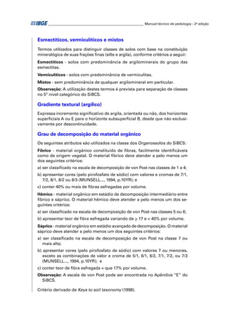 ________________________________________________________ Manual técnico de pedologia - 2a edição



Esmectíticos, vermiculíticos e mistos
Termos utilizados para distinguir classes de solos com base na constituição
mineralógica de suas frações ﬁnas (silte e argila), conforme critérios a seguir:
Esmectíticos - solos com predominância de argilominerais do grupo das
esmectitas.
Vermiculíticos - solos com predominância de vermiculitas.
Mistos - sem predominância de qualquer argilomineral em particular.
Observação: A utilização destes termos é prevista para separação de classes
no 5º nível categórico do SiBCS.

Gradiente textural (argílico)
Expressa incremento signiﬁcativo de argila, orientada ou não, dos horizontes
superﬁciais A ou E para o horizonte subsuperﬁcial B, desde que não exclusi-
vamente por descontinuidade.

Grau de decomposição do material orgânico
Os seguintes atributos são utilizados na classe dos Organossolos do SiBCS:
Fíbrico - material orgânico constituído de ﬁbras, facilmente identiﬁcáveis
como de origem vegetal. O material fíbrico deve atender a pelo menos um
dos seguintes critérios:
a) ser classiﬁcado na escala de decomposição de von Post nas classes de 1 a 4;
b) apresentar cores (pelo pirofosfato de sódio) com valores e cromas de 7/1,
   7/2, 8/1, 8/2 ou 8/3 (MUNSELL..., 1994, p.10YR); e
c) conter 40% ou mais de ﬁbras esfregadas por volume.
Hêmico - material orgânico em estádio de decomposição intermediário entre
fíbrico e sáprico. O material hêmico deve atender a pelo menos um dos se-
guintes critérios:
a) ser classiﬁcado na escala de decomposição de von Post nas classes 5 ou 6;
b) apresentar teor de ﬁbra esfregada variando de > 17 e < 40% por volume.
Sáprico - material orgânico em estádio avançado de decomposição. O material
sáprico deve atender a pelo menos um dos seguintes critérios:
a) ser classiﬁcado na escala de decomposição de von Post na classe 7 ou
   mais alta;
b) apresentar cores (pelo pirofosfato de sódio) com valores 7 ou menores,
   exceto as combinações de valor e croma de 5/1, 6/1, 6/2, 7/1, 7/2, ou 7/3
   (MUNSELL..., 1994, p.10YR); e
c) conter teor de ﬁbra esfregada < que 17% por volume.
Observação: A escala de von Post pode ser encontrada no Apêndice “E” do
  SiBCS.

Critério derivado de Keys to soil taxonomy (1998).
 