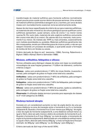 ________________________________________________________ Manual técnico de pedologia - 2a edição




transformação de material sulfídrico para horizonte sulfúrico normalmente
requer poucos anos e pode ocorrer dentro de poucas semanas. Uma amostra
de material sulfídrico submetida à secagem ao ar, à sombra, por cerca de dois
meses com reumedecimento ocasional, torna-se extremamente ácida.
Apesar de não haver especiﬁcação de critério de cor para materiais sulfídricos,
os materiais de solo mineral (ou da coluna geológica) que se qualiﬁcam como
sulfídricos apresentam, quase sempre, cores de croma 1 ou menor (cores
neutras N). Por outro lado, materiais de solo orgânico sulfídrico comumente
têm croma mais alto (2 ou maior). Os valores são 5 ou menores, mais comu-
mente 4 ou menor. Os matizes são 10YR ou mais amarelos, ocasionalmente
com matizes esverdeados ou azulados. Materiais sulfídricos geralmente não
têm mosqueados, exceto por diferentes graus de cinza ou preto, a não ser que
estejam iniciando um processo de oxidação, o qual pode causar a formação
de óxidos de ferro em fendas ou canais.
Critério derivado de Keys to soil taxonomy (1994), Fanning, Rabenhorst e
Bighan (1993) e Kämpf, Klamt e Schneider (1988).

Micáceo, anﬁbolítico, feldspático e silicoso
Termos utilizados para distinguir classes de solos com base na constituição
mineralógica de suas frações grosseiras ( > 0,05cm de diâmetro), conforme
critérios a seguir:
Micáceo - solos com predominância ( > 40%) de micas (biotita, muscovita e
outras), pela contagem de grãos na fração areia total e/ou cascalho.
Anﬁbolítico - solos com predominância ( > 40%) de anﬁbólios, pela contagem
de grãos na fração areia total e/ou cascalho.
Feldspático - solos com predominância ( > 40%) de feldspatos, pela contagem
de grãos na fração areia total e/ou cascalho.
Silicoso - solos com predominância ( > 90%) de quartzo, opala ou calcedônia,
pela contagem de grãos na fração areia total e/ou cascalho.
Observação: A utilização destes termos é prevista para separação de classes
no 5º nível categórico do SiBCS.

Mudança textural abrupta
Consiste em um considerável aumento no teor de argila dentro de uma pe-
quena distância na zona de transição entre o horizonte A ou E e o horizonte
subjacente B. Quando o horizonte A ou E tiver menos que 200g.kg-1 de argila,
o teor de argila do horizonte subjacente B, a uma distância vertical menor ou
igual a 7,5cm, deve ser pelo menos o dobro do conteúdo do horizonte A ou E.
Quando o horizonte A ou E tiver 200g.kg-1 ou mais de argila, o incremento de
argila no horizonte subjacente B, determinado em uma distância vertical menor
ou igual a 7,5cm, deve ser pelo menos 200g.kg-1 a mais na fração terra ﬁna (por
exemplo: de 300g.kg-1 para 500g.kg-1 ou de 220g.kg-1 para 420g.kg-1).

Critério derivado de Soil map of the world (1974).
 
