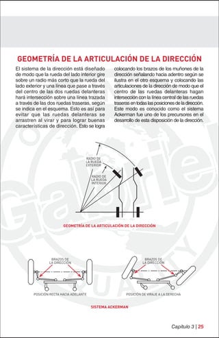 GEOMETRÍA DE LA ARTICULACIÓN DE LA DIRECCIÓN
El sistema de la dirección está diseñado           colocando los brazos de los muñones de la
de modo que la rueda del lado interior gire        dirección señalando hacia adentro según se
sobre un radio más corto que la rueda del          ilustra en el otro esquema y colocando las
lado exterior y una línea que pase a través        articulaciones de la dirección de modo que el
del centro de las dos ruedas delanteras            centro de las ruedas delanteras hagan
hará intersección sobre una línea trazada          intersección con la línea central de las ruedas
a través de las dos ruedas traseras, según         traseras en todas las posiciones de la dirección.
se indica en el esquema. Esto es así para          Este modo es conocido como el sistema
evitar que las ruedas delanteras se                Ackerman fue uno de los precursores en el
arrastren al virar y para lograr buenas            desarrollo de esta disposición de la dirección.
características de dirección. Esto se logra




                                    RADIO DE
                                    LA RUEDA
                                    EXTERIOR


                                        RADIO DE
                                        LA RUEDA
                                        INTERIOR




                        GEOMETRÍA DE LA ARTICULACIÓN DE LA DIRECCIÓN




                 BRAZOS DE                                         BRAZOS DE
                LA DIRECCIÓN                                      LA DIRECCIÓN




        POSICIÓN RECTA HACIA ADELANTE                    POSICIÓN DE VIRAJE A LA DERECHA


                                        SISTEMA ACKERMAN




                                                                                  Capítulo 3 | 25
 