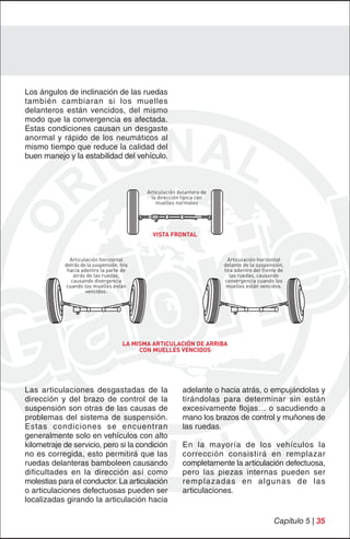 Los ángulos de inclinación de las ruedas
también cambiaran si los muelles
delanteros están vencidos, del mismo
modo que la convergencia es afectada.
Estas condiciones causan un desgaste
anormal y rápido de los neumáticos al
mismo tiempo que reduce la calidad del
buen manejo y la estabilidad del vehículo.



                                             Articulación delantera de
                                              la dirección típica con
                                                 muelles normales




                                               VISTA FRONTAL



              Articulación horizontal                                      Articulación horizontal
            detrás de la suspensión, tira                                delante de la suspensión,
             hacia adentro la parte de                                   tira adentro del frente de
                atrás de las ruedas,                                        las ruedas, causando
               causando divergencia                                      convergencia cuando los
             cuando los muelles están                                     muelles están vencidos.
                     vencidos.




                                      LA MISMA ARTICULACIÓN DE ARRIBA
                                           CON MUELLES VENCIDOS




Las articulaciones desgastadas de la                       adelante o hacia atrás, o empujándolas y
dirección y del brazo de control de la                     tirándolas para determinar sin están
suspensión son otras de las causas de                      excesivamente flojas… o sacudiendo a
problemas del sistema de suspensión.                       mano los brazos de control y muñones de
Estas condiciones se encuentran                            las ruedas.
generalmente solo en vehículos con alto
kilometraje de servicio, pero si la condición              En la mayoría de los vehículos la
no es corregida, esto permitirá que las                    corrección consistirá en remplazar
ruedas delanteras bamboleen causando                       completamente la articulación defectuosa,
dificultades en la dirección así como                      pero las piezas internas pueden ser
molestias para el conductor. La articulación               remplazadas en algunas de las
o articulaciones defectuosas pueden ser                    articulaciones.
localizadas girando la articulación hacia

                                                                                              Capítulo 5 | 35
 