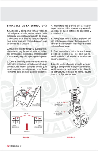 ENSAMBLE DE LA ESTRUCTURA                        4. Reinstale las partes de la fijación
                                                 superior en el orden adecuado y recuerde
1. Extienda y comprima varias veces la           verificar el buen estado de cojinetes y
unidad para cebarla, revise que no esta          rodamientos.
golpeada, y si existe acumulación de grasa
o lubricante en el área de sellado, límpiela     5. Asegúrese que la tuerca superior del
para evitar que sea confundida con fuga          eje este bien ajustada y luego proceda a
de aceite de la unidad.                          liberar el compresor del espiral hasta
                                                 retirarlo finalmente.
2. Revise el estado de tope y guardapolvo,
si están en regular o mal estado, deben          6. Para reinstalar la estructura aplique el
ser cambiados; extienda al amortiguador          proceso inverso al de removerlo,
e inserte el juego de tope y guardapolvo.        verificando la posición de los tornillos del
                                                 soporte superior.
3. Con el amortiguador completamente
extendido, inserte el espiral cerciorándose      7. Ajuste los tornillos del soporte superior,
que la punta inferior coincida con la guía       aplique el clip de la manguera de frenos,
en el plato del amortiguador, y verifique        verifique ajuste de todos los tornillos de
lo mismo para el plato asiento superior.         la estructura, reinstale la llanta, ajuste
                                                 tuerca de fijación superior.




                  A        MARCA




              B
                       C

                                                       CLIP DE
                                        LADO        MANGUERA
                                   IZQUIERDO        DE FRENOS



                                                    TORNILLOS
                       MARCA                       DE MONTAJE
                                                      INFERIOR

          A                            A

      C   B                            B   C

     LADO                                 LADO
     DERECHO                         IZQUIERDO


                       FRENTE


                      FIGURA 1                                     FIGURA 2



42 | Capítulo 7
 
