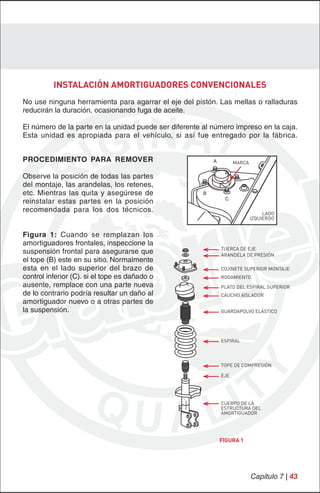 INSTALACIÓN AMORTIGUADORES CONVENCIONALES
No use ninguna herramienta para agarrar el eje del pistón. Las mellas o ralladuras
reducirán la duración, ocasionando fuga de aceite.

El número de la parte en la unidad puede ser diferente al número impreso en la caja.
Esta unidad es apropiada para el vehículo, si así fue entregado por la fábrica.


PROCEDIMIENTO PARA REMOVER                                 A         MARCA

Observe la posición de todas las partes
del montaje, las arandelas, los retenes,
etc. Mientras las quita y asegúrese de                 B
                                                                C
reinstalar estas partes en la posición
recomendada para los dos técnicos.                                                LADO
                                                                             IZQUIERDO


Figura 1: Cuando se remplazan los
amortiguadores frontales, inspeccione la
                                                               TUERCA DE EJE
suspensión frontal para asegurarse que                         ARANDELA DE PRESIÓN
el tope (B) este en su sitio. Normalmente
esta en el lado superior del brazo de                          COJINETE SUPERIOR MONTAJE
control inferior (C). si el tope es dañado o                   RODAMIENTO
ausente, remplace con una parte nueva                          PLATO DEL ESPIRAL SUPERIOR
de lo contrario podría resultar un daño al                     CAUCHO AISLADOR
amortiguador nuevo o a otras partes de
la suspensión.                                                 GUARDAPOLVO ELÁSTICO




                                                               ESPIRAL




                                                               TOPE DE COMPRESIÓN

                                                               EJE




                                                               CUERPO DE LA
                                                               ESTRUCTURA DEL
                                                               AMORTIGUADOR




                                                               FIGURA 1




                                                                             Capítulo 7 | 43
 