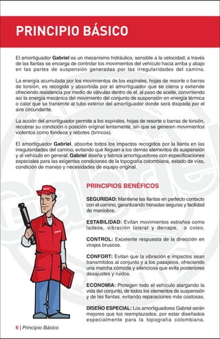 PRINCIPIO BÁSICO
El amortiguador Gabriel es un mecanismo hidráulico, sensible a la velocidad; a través
de las llantas se encarga de controlar los movimientos del vehículo hacia arriba y abajo
en las partes de suspensión generadas por las irregularidades del camino.

La energía acumulada por los movimientos de los espirales, hojas de resorte o barras
de torsión, es recogida y absorbida por el amortiguador que se cierra y extiende
ofreciendo resistencia por medio de válvulas dentro de el, al paso de aceite, convirtiendo
así la energía mecánica del movimiento del conjunto de suspensión en energía térmica
o calor que se transmite al tubo exterior del amortiguador donde será disipada por el
aire circundante.

La acción del amortiguador permite a los espirales, hojas de resorte o barras de torsión,
recobrar su condición o posición original lentamente, sin que se generen movimientos
violentos como fondeos y rebotes (brincos).

El amortiguador Gabriel, absorbe todos los impactos recogidos por la llanta en las
irregularidades del camino, evitando que lleguen a los demás elementos de suspensión
y al vehículo en general. Gabriel diseña y fabrica amortiguadores con especificaciones
especiales para las exigentes condiciones de la topografía colombiana, estado de vías,
condición de manejo y necesidades de equipo original.


                                 PRINCIPIOS BENÉFICOS

                                 SEGURIDAD: Mantiene las llantas en perfecto contacto
                                 con el camino, garantizando frenadas seguras y facilidad
                                 de maniobra.

                                 ESTABILIDAD: Evitan movimientos extraños como
                                 ladeos, vibración lateral y derrape, o coleo.

                                 CONTROL: Excelente respuesta de la dirección en
                                 virajes bruscos.

                                 CONFORT: Evitan que la vibración e impactos sean
                                 transmitidos al conjunto y a los pasajeros, ofreciendo
                                 una marcha cómoda y silenciosa que evita posteriores
                                 desajustes y ruidos.

                                 ECONOMIA: Protegen todo el vehículo alargando la
                                 vida del conjunto, de todos los elementos de suspensión
                                 y de las llantas, evitando reparaciones más costosas.

                                 DISEÑO ESPECIAL: Los amortiguadores Gabriel serán
                                 mejores que los reemplazados, por estar diseñados
                                 especialmente para la topografía colombiana.
6 | Principio Básico
 