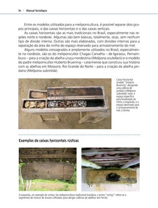 Manual Tecnológico34
Entre os modelos utilizados para a meliponicultura, é possível separar dois gru-
pos principais, o das caixas horizontais e o das caixas verticais.
As caixas horizontais são as mais tradicionais no Brasil, especialmente nas re-
giões norte e nordeste. Algumas são bem básicas, totalmente, ocas, sem nenhum
tipo de divisão interna. Outras são mais elaboradas, com divisões internas para a
separação da área do ninho do espaço reservado para armazenamento do mel.
Alguns modelos consagrados e amplamente utilizados no Brasil, especialmen-
te no nordeste, são os do meliponicultor Chagas Carvalho – de Igarassu, Pernam-
buco – para a criação da abelha uruçu-nordestina (Melipona scutellaris) e o modelo
do padre meliponicultor Huberto Bruening – catarinense que construiu sua história
com as abelhas em Mossoró, Rio Grande do Norte – para a criação da abelha jan-
daíra (Melipona subnitida).
Caixa horizontal
modelo “Huberto
Bruening” abrigando
uma colônia de
jandaíra (Melipona
subnitida): notar o
espaço especíﬁco
para localização do
ninho, à esquerda, e o
espaço destinado para
o armazenamento de
mel, à direita
À esquerda, um exemplo de cortiço. Na meliponicultura tradicional brasileira, o termo “cortiço” refere-se a
segmentos de troncos de árvores utilizados para abrigar colônias de abelhas sem ferrão
Exemplos de caixas horizontais rústicas
 
