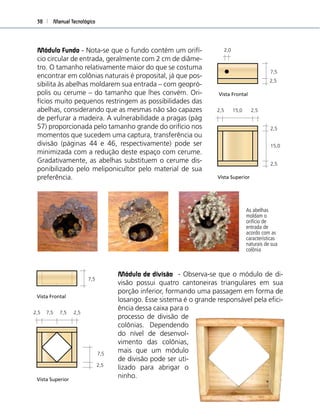 Manual Tecnológico38
Módulo Fundo - Nota-se que o fundo contém um orifí-
cio circular de entrada, geralmente com 2 cm de diâme-
tro. O tamanho relativamente maior do que se costuma
encontrar em colônias naturais é proposital, já que pos-
sibilita às abelhas moldarem sua entrada – com geopró-
polis ou cerume – do tamanho que lhes convém. Ori-
fícios muito pequenos restringem as possibilidades das
abelhas, considerando que as mesmas não são capazes
de perfurar a madeira. A vulnerabilidade a pragas (pág
57) proporcionada pelo tamanho grande do orifício nos
momentos que sucedem uma captura, transferência ou
divisão (páginas 44 e 46, respectivamente) pode ser
minimizada com a redução deste espaço com cerume.
Gradativamente, as abelhas substituem o cerume dis-
ponibilizado pelo meliponicultor pelo material de sua
preferência.
Modulo M
1,5 12,0 1
Vista Superior
Vista Frontal
Vista Superior
2,5 15,0
15,0
2,5
2,5
2,0
2,5
Vista Frontal
Modulo Fundo
2,5
7,5
As abelhas
moldam o
orifício de
entrada de
acordo com as
características
naturais de sua
colônia
Modulo Tampa
Vista Lateral
15,0
2,5
2,5
Vista Superior
lgueira
5
7,5
Modulo Divisao
2,5 7,5 7,5 2,5
7,5
2,5
Vista Superior
Vista Frontal
7,5
2,5
Módulo de divisão - Observa-se que o módulo de di-
visão possui quatro cantoneiras triangulares em sua
porção inferior, formando uma passagem em forma de
losango. Esse sistema é o grande responsável pela eﬁci-
ência dessa caixa para o
processo de divisão de
colônias. Dependendo
do nível de desenvol-
vimento das colônias,
mais que um módulo
de divisão pode ser uti-
lizado para abrigar o
ninho.
 