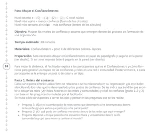 18 
Sexto. Si el área que representa los 
paradigmas o cultura colaborativa está más 
amplia desde el centro al exterior del círculo 
indica que existe una apreciación alta de 
cultura colaborativa en la organización. Por 
el contrario si el área es más concentrada al 
interior del círculo la apreciación de cultura 
colaborativa es baja. 
Séptimo. se invita a una conversación 
en relación a lo que se está observando en 
el análisis de las áreas de cultura tradicional y 
colaborativa. 
Colaborómetro cultura colaborativa 
Este tipo de Colaborómetro en su 
construcción es muy parecido al anterior, 
pero con diferencias de fondo, ya que 
busca medir directamente la intensidad de 
colaboración que hay en una organización 
que ha definido previamente cuáles son los 
paradigmas que la movilizan en torno a una 
cultura colaborativa. 
Las instrucciones para desarrollarlo son 
muy parecidas al anterior, pero con algunos 
cambios en su estructura y análisis. 
Primero. El círculo no se divide en dos 
polos, más bien se colocan los paradigmas 
ordenados por familias o tipos (no 
contrapuestos) para que el análisis resulte 
más ordenado. Por ejemplo, en la mitad alta 
los paradigmas colaborativos de estructura y 
en la parte baja los paradigmas colaborativos 
de operación. 
Segundo, si el análisis del área 
construida, da que los puntos medibles 
están más al centro, eso implica que la 
organización tiene una cultura colaborativa 
baja, en la media que se alejan del centro 
y se agranda el área de medición, implica 
que existe mayor colaboración en la 
organización. 
Tercero. Este Colaborómetro ayuda 
a realizar un seguimiento de la cultura 
colaborativa de una organización cuando 
esta decidió redefinir su propósito y los valores 
colaborativos que la gobiernan. 
 