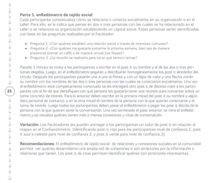 • Objetivo: mapear los niveles de confianza y 
actores que emergen dentro del proceso de 
formación o de una organización. 
• Tiempo estimado: entre treinta y sesenta 
minutos. 
• Materiales: Confianzómetro + post-it de 
diferentes colores + lápices. 
• Preparación e instrucciones: será necesario 
dibujar el Confianzómetro en una cartulina y 
pegarlo en la pared (ver diseño). Si se tiene 
impreso deberá pegarlo en la pared. 
Para iniciar la dinámica, el/la Facilitador/a 
explica a las/los Participantes qué es el 
Confianzómetro y cómo funciona para 
generar un mapeo de las confianzas y roles en 
una red o comunidad. Posteriormente, a cada 
Participante se le entrega un post-it de color y 
un lápiz. 
Parte 1. Relato del contexto 
Cada Participante contextualiza cómo 
se relaciona o se ha relacionado en su 
organización y/o en el taller, identificando los 
roles que ha desempeñado y los grados de 
confianza. Se les indica que tendrán que escribir 
21 
o dibujar los roles (ver Roles actores en Manual 
de Conceptos y Metodologías o libro tejeRedes) 
y nivel de confianza (grado 1, 2 y 3) con base en 
las preguntas formuladas por la/el Facilitador/ra. 
Se invita a los/las Participantes a cerrar los ojos y 
pensar en las preguntas que se les realiza: 
Pregunta 1: ¿Qué rol o combinación de roles 
siento que desempeño o he desempeñado 
dentro de las redes/grupos en los que 
participo o he participado? 
Pregunta 2: ¿En qué grado de confianza me 
siento dentro de las redes que aquí emergen? 
Pregunta Opcional: ¿En qué posición me 
encuentro física y virtualmente dentro de mi 
comunidad o grupo para mover o cambiar el 
mundo? 
Luego de un minuto el/la Facilitador/a invita 
a las/los Participantes a escribir sus nombres 
y dibujar o escribir en el post-it, su rol o 
combinación de roles y niveles de confianza. 
Dentro del Confianzómetro se pueden 
relacionar las distintas áreas o proyectos a 
través de los colores de los post-it. De esta 
manera, por ejemplo, se puede definir que 
 