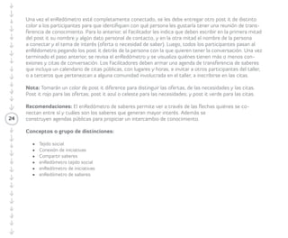 24 
Enredómetro de tejido social 
Cada Participante contextualiza cómo se 
relaciona o conecta socialmente en su 
organización o en el taller. Para ello, el/la 
Facilitador/a le indica que piense en dos o 
tres personas con las cuales se ha relacionado 
en el taller o se relaciona su organización 
estableciendo un capital social. Estas personas 
serán identificadas con base en las preguntas 
realizadas por el/la Facilitador/a: 
Pregunta 1: ¿Con quiénes establecí una 
relación social a través de intereses 
comunes? 
Pregunta 2: ¿Con quiénes me gustaría 
juntarme la próxima semana, bien sea de 
manera presencial (tomar un café) o de 
manera virtual (vía Skype)? 
Pregunta 3: ¿La reunión se realizaría para 
tocar qué tema o temas? 
Transcurrido un minuto el/la Facilitador/a 
invita a las/los Participantes a escribir en 
el post-it sus nombres y el de las dos o tres 
personas elegidas. Luego, en el Enredómetro 
pegan y distribuyen homogéneamente los 
post-it alrededor del círculo. Después los/ 
las Participantes pasan uno a uno al frente 
y con un lápiz de color y una flecha unen 
su nombre con los nombres de las dos o 
tres personas con las cuales se conectaron 
socialmente. Una vez que el Enredómetro 
esté completamente conectado el/la 
Facilitador/a les entrega otro post-it de 
distinto color a las/los Participantes con el 
fin de que identifiquen con qué persona les 
gustaría tener una reunión para conversar 
 