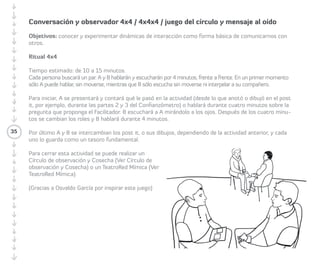 Círculo, Inicio y Cierre (Check in/out) 
Los círculos de presentación inicial o final 
son un espacio donde los/las Participantes 
se presentan o despiden del resto de la 
comunidad, indicando su nombre al inicio y 
estableciendo un saludo y una despedida al 
final. El Círculo de saludo al inicio sirve para 
que las/los Participantes dejen atrás su vida 
cotidiana, sus preocupaciones y distracciones. 
El Círculo de saludo final sirve para contener 
lo sucedido en el proceso de formación, 
para que las/los Participantes puedan volver 
35 
a conectarse con el mundo exterior. Este es 
un paso necesario para no dejar procesos 
sueltos. Es fundamental que, antes de empezar 
el taller, el/la Facilitador/a explique a las/los 
Participantes la importancia de los saludos. 
• Objetivo: comprender la importancia del 
Círculo de presentación inicial y final para 
los procesos de formación y las redes en 
general. 
 