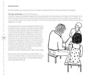 36 
Círculo de observación (Cosecha) 
• Objetivos: comprender qué es un Círculo 
de observación y qué es la Cosecha, así 
como su utilidad para dialogar y reflexionar 
grupalmente de manera respetuosa. 
Círculo de observación 
El círculo o consejo es una forma ancestral de 
reunión que ha inducido a los seres humanos a 
conversar respetuosamente durante miles de 
años. El círculo ha servido de base a muchas 
culturas. Lo que transforma una reunión en un 
círculo es la voluntad de sus integrantes para 
convertir la socialización informal o discusión 
en una actitud respetuosa de conversación y 
escucha profunda. 
Principios, Prácticas y Acuerdos: 
Principios 
• El liderazgo se rota entre la totalidad de los/ 
las Participantes. 
• La responsabilidad por la calidad de la 
experiencia es compartida. 
• El resultado final del círculo depende de la 
inspiración (espíritu) más que de cualquier 
agenda personal. 
Prácticas 
• Hablar con intención: ser consciente de 
qué es relevante en la conversación en ese 
momento y qué no lo es. 
• Escuchar con atención. 
• Ser respetuoso del proceso de aprendizaje 
de todas las personas. 
• Para que un círculo sea incluyente, las/los 
Participantes deben tener la capacidad de 
mirar a los ojos al resto del grupo. 
• Hacer una observación entre CLEHES y 
de la red, para prestar atención a cómo 
influyen las contribuciones individuales en el 
grupo. 
Acuerdos 
• Cada persona debe escuchar sin juzgar. 
• Lo que pasa en el círculo se queda en el 
círculo (confidencialidad). 
 