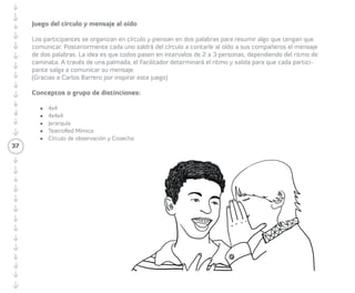 • Cada Participante debe ofrecer lo que 
tenga y pedir lo que necesita. 
• El silencio también es parte de la 
conversación. 
Cosecha 
Cosechar consiste en registrar lo sucedido 
en el proceso de formación. Es más que sólo 
tomar notas, e incluye el uso de tecnologías 
sociales para dar cuenta de lo tangible y lo 
intangible. La cosecha puede ser individual 
o colectiva, y en muchos casos ayuda que 
sea visual. Sin embargo, también se vale 
del TeatroRed para recoger la cosecha de 
algunas de sus actividades (ver TeatroRed). 
Cosecha individual y colectiva 
La Cosecha individual atesora los aprendizajes 
individuales, donde cada quien contribuye 
con el cuestionamiento colectivo. Puede 
ser hecha a través de la reflexión, de diarios 
personales, o tecnologías sociales expuestas 
en este manual. 
37 
La Cosecha colectiva parece tener 
un potencial mayor para el surgimiento y 
produce mucho más que la Cosecha en 
sí misma: ella se transforma en el próximo 
nivel de conversación (o metanivel) donde 
llegamos juntos/as a un significado. 
Si las partes interesadas no pueden 
realizar la Cosecha, el/la Facilitador/a puede 
reunir a un grupo creativo y encontrar una 
manera de alimentarla. 
Cosechas visuales 
Del mismo modo que un registro escrito, un 
audio o un vídeo, crean una memoria, un 
registro visual crea una memoria visual. Una 
memoria visual puede ser muy poderosa (tal 
como un mapa mental), ya que contiene 
mucha información que está disponible de 
una sola mirada. El/la Facilitador/a debe 
encargar a alguien de ser la/el fotógrafa/o del 
proceso de formación (ver Tecnología social, 
fotógrafa/o), y debe promover la filmación de 
vídeos que recojan la Cosecha. 
También se puede hacer uso del 
Tendedero social virtual (ver Tendedero social 
virtual) para recoger la Cosecha. 
 