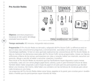 42 
Proacción Redes 
El Proacción Redes es derivado y adaptado 
del Pro Action Café. La diferencia está en 
que en este caso concentramos preguntas 
y conversaciones asociadas a los temas de 
redes y la metodología tejeRedes. Si bien en 
este apartado explicamos las características 
del Pro Acción Redes, la idea es mantener 
los elementos esenciales del Pro Action 
Café: temas programados, mesas con 
lápices, anfitriones/as o líderes de los temas, 
Participantes con roles y rotando; hablar con 
intención, escuchar con atención, dibujar 
o escribir al hablar o escuchar, cosechar y 
transferir. 
 