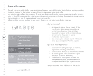 1.2 Preparación escenas: 
47 
En el armado de las escenas, se sigue la 
pauta metodológica del TeatroRed de 
tres escenas, la idea es la dramatización 
de una acción concreta que permita 
desarrollar un activismo en red de las 
personas de un grupo. Los miembros del 
grupo representan a los personajes y sus 
roles. El representar las escenas permite 
experimentar sentimientos, darse cuenta, 
comprender y tomar acción en red. 
El grupo debe aprender, comprender 
observando y además analizar lo que 
ocurre en el armado de las escenas. 
¿Qué se necesita? 
· Una situación relativa al tema tratado. 
Ejemplo: Una reunión entre diferentes 
agentes sociales de un barrio para 
decidir qué líneas de trabajo seguir, cómo 
negociar con la administración, etc. 
· Un escenario: el espacio en que se realizará 
la dramatización. 
· Los personajes o actrices/actores: se pide 
voluntarios/as en el grupo para personificar 
los papeles. 
¿Qué es lo más importante? 
· La elaboración de personajes, las 
acciones, expresiones verbales y 
sentimientos. 
· La atención al observar los más mínimos 
detalles. 
· El análisis guiado por el/la observador/a o 
guía del grupo (guardián/a TeatroRed). 
· La disposición participativa de la totalidad 
de integrantes del grupo que comentarán 
cualquier observación que hayan 
realizado. 
Cuidar el tiempo estimado de la obra: 
quince minutos por grupo. 
2. Presentación de la obra y personajes. 
Tiempo estimado: cinco minutos por grupo. 
Antes de iniciar las obras: 
2.1 Presentación personajes al inicio: 
Cada personaje identifica su rol y función 
y arma la foto de su personaje, aquello 
que mostraría si alguien le pidiera ver una 
foto suya. Entonces cada actriz y actor se 
prepara y examina su rostro, su postura, su 
 