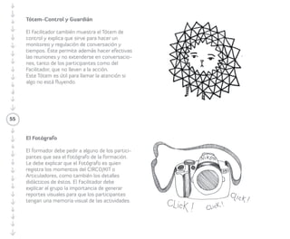 Tecnologías sociales de regulación y 
registro: Tótem Hablador/Regulación – 
Guardián/a - Ritual Silencio – Fotógrafo/a 
• Objetivo: conocer las tecnologías sociales 
presenciales útiles para regular y registrar las 
reuniones de la red. 
El/la Facilitador/a debe explicar una a una 
las tecnologías sociales presenciales utilizadas 
por la Escuela tejeRedes para regular y 
registrar reuniones. 
Tótem-Hablador 
El/la Facilitador/a debe mostrar el Tótem 
Hablador y explicar que éste permite 
entregar la primera tecnología social que 
regula y facilita las conversaciones del 
grupo. El Tótem Hablador hace posible que 
todas y todos puedan participar y escuchar 
de manera respetuosa. El Tótem también 
permite poner en valor algunas distinciones 
básicas del trabajo en red, como que las 
personas estén en tensión con respecto a 
55 
las relaciones, si alguien necesita algo o si 
alguien quiere dar algo a la red. 
Tótem-Regulación 
El/la Facilitador/a también muestra el Tótem 
de Regulación y explica que sirve para hacer 
un monitoreo y regulación de conversación 
y tiempos. Éste permite además hacer 
efectivas las reuniones y no extenderse en 
conversaciones, tanto de las/los Participantes 
como de la/el Facilitadora/or, que no lleven 
a la acción. Este Tótem es útil para llamar la 
atención si algo no está fluyendo. 
Guardián/a 
El/la Guardián/a o Cuidador/a, es quien 
vela que los tiempos y las normas mínimas 
de articulación se cumplan. También se 
relaciona en la organización con el rol de 
Articuladora/or. 
 