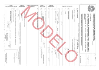 01        ARTE nº
                                                CONSELHO FEDERAL DE ADMINISTRAÇÃO
                                                CONSELHO REGIONAL DE ADMINISTRAÇÃO CRA/______
                                                Sr. Presidente,
                                                Solicito Autorização de Responsabilidade Técnica Específica (ARTE)                                                                    ____/____/________
                                                em meu nome, devendo a mesma integrar o meu dossiê/processo de                                                                                Data:
                                                registro profissional, bem como o dossiê/processo da empresa, cujos
                                                serviços de
                                                ________________________________________________________________________
                                                                                                                                                                                      __________________
                                                Prestados para terceiros, estão sob a minha responsabilidade.
                                                                                                                                                                                        Ass. do Funcionário
                                                                                                                                                                                       O
                                                                         Campos A, B, C, D e E serão preenchidos pelo Profissional.
                                02   Nome do Profissional:                                                                      03    Nº do Reg. em CRA:                  04     CPF
                                05 Titulação acadêmica do Bacharel:                                                  06        Titulação acadêmica do Tecnólogo:
                                                                                                                                     EL
                                     Curso de Bacharelado em:_____________________________________                             Curso Superior de Tecnologia em______________________________
         CAMPO A - CONTRATADO




                                      _________________________________________________                                    ___________________________________________________
                                                                                                                                                   ___
                                07      Endereço Residencial:                                                                                                  08     Bairro:
                                09      Cidade:                                                                                                           10   UF               11     CEP
                                12      Telefone:                     13 Fax:                                              14        e-mail
                                15      Período de prestação do serviço:                                                   16           Horário de Permanência no Estabelecimento:
                                                  Diário           Semanal                 Mensal           Anual                                Das__________h às ____________h
                                                                                                     D
                                17      Nome da empresa/órgão (sigla):                                                                                              18 C.N.P.J.:
CONTRATANTE
  CAMPO B -




                                19     e-mail                                                                             20         Nº do Registro em CRA             21 Telefone:
                                22     Endereço comercial:                                            23   Bairro:                                        24   Cidade-UF                      25 CEP
                                                                         O
                                       Tipo de vínculo profissional com a contratante:
VINCULAÇÃO




                                26
 CAMPO C -




                                                                                                                                              Proprietário/
                                                      Empregado do                          Prestador de serviço                                                                     Administrador/Procurador
                                                                                                                                              Sócio
                                                      Quadro
                                27    Valor da Remuneração Mensal:                              28         Duração do Contrato:                          29 Data de Início do Contrato:
CAMPO D - DESCRIÇÃO DOS




                                30       Descrição detalhada das atribuições da ARTE:
                                             M
       SERVIÇOS




                                31
ASSINATURAS




                                        Assinaturas do Contratado e do Contratante:
 CAMPO E -




                                     ________________________
                                             Cidade-UF
                                                                        _________________________________________________                            __________________________________________
                                     _______/_____/________              Contratado (carimbo do Profissional com registro no CRA e                     Contratante (Carimbo da empresa e assinatura do
                                              Data                                              assinatura)                                                          Representante Legal)
Para preenchimento pelo CRA




                                32   Deliberação do CRA:                                                                                                        33       Assinatura - CRA:
                                     Diante da análise da situação de regularidade do requerente perante este CRA, deliberamos pelo:                                        _______/_____/________
                                       DEFERIMENTO da solicitação.                                                                                                                   Data
          CAMPO F




                                       INDEFERIMENTO da solicitação.
                                       Motivação do indeferimento:                                                                             Responde a
                                                                             Está em débito.          Está com a CIP
                                                                                                         vencida.                               infração
                                                                             Não possui                                                           ética.               _____________________________
                                                                              registro.               Não está habilitado a
                                                                                                                                                                          Gerência de Registro do CRA
                                                                                                      exercer as atividades
                                                                                                                                                                             (carimbo e assinatura)
                                                                                                           requeridas.
                                                  1ª via: Contratado 2ª via: Contratante    3ª via: arquivo Pessoa Física        4ª via: Arquivo Pessoa Jurídica
 