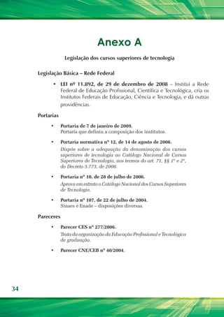 34
Anexo A
Legislação dos cursos superiores de tecnologia
Legislação Básica – Rede Federal
•	 LEI nº 11.892, de 29 de dezembro de 2008 – Institui a Rede
Federal de Educação Profissional, Científica e Tecnológica, cria os
Institutos Federais de Educação, Ciência e Tecnologia, e dá outras
providências.
Portarias
•	 Portaria de 7 de janeiro de 2009.
Portaria que definiu a composição dos institutos.
•	 Portaria normativa nº 12, de 14 de agosto de 2006.
Dispõe sobre a adequação da denominação dos cursos
superiores de tecnologia ao Catálogo Nacional de Cursos
Superiores de Tecnologia, nos termos do art. 71, §§ 1º e 2º,
do Decreto 5.773, de 2006.
•	 Portaria nº 10, de 28 de julho de 2006.
Aprova em extrato o Catálogo Nacional dos Cursos Superiores
de Tecnologia.
•	 Portaria nº 107, de 22 de julho de 2004.
Sinaes e Enade – disposições diversas.
Pareceres
•	 Parecer CES nº 277/2006.
Trata da organização da Educação Profissional e Tecnológica
de graduação.
•	 Parecer CNE/CEB nº 40/2004.
 