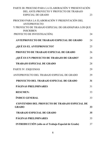 PARTE III: PROCESO PARA LA ELABORACIÓN Y PRESENTACIÓN
       DEL ANTE-PROYECTO Y PROYECTO DE TRABAJO
       ESPECIAL DE GRADO                             23

PROCESO PARA LA ELABORACIÓN Y PRESENTACIÓN DEL
      ANTEPROYECTO
Y PROYECTO DE TRABAJO ESPECIAL DE GRADO(PARA LOS QUE
      INSCRIBEN
PROYECTO DE INVESTIGACIÓN)                         24

 ANTEPROYECTO DE TRABAJO ESPECIAL DE GRADO             24

 ¿QUÉ ES EL ANTEPROYECTO?                              25

 PROYECTO DE TRABAJO ESPECIAL DE GRADO                 26

 ¿QUÉ ES UN PROYECTO DE TRABAJO DE GRADO?              28

 TRABAJO ESPECIAL DE GRADO                             28

PARTE IV: ESQUEMAS                                     29

ANTEPROYECTO DEL TRABAJO ESPECIAL DE GRADO             29

  PROYECTO DEL TRABAJO ESPECIAL DE GRADO               31

 PÁGINAS PRELIMINARES                                  31

 RESUMEN:                                              33

 ÍNDICE GENERAL                                        33

  CONTENIDO DEL PROYECTO DE TRABAJO ESPECIAL DE
 GRADO                                          33

  TRABAJO ESPECIAL DE GRADO                            35

 PÁGINAS PRELIMINARES                                  35

 INTRODUCCIÓN (sólo en el Trabajo Especial de Grado)   37


                              6
 