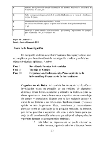 N             Tamaño de la población (utilizar información del Instituto Nacional de Estadística de
              Venezuela o de Datos, i.r)

Z             Valor correspondiente para el nivel de confiabilidad dado por la curva de distribución
              normal de Gauss.

p             Probabilidad de ocurrencia del evento a evaluar.
              En caso de desconocerse, aplicar la opción más favorable de 50 por ciento (p=0,5)
q             (1-p)

i             Error que se prevé cometer. Debe estar entre 1 por ciento y 10 por ciento. Por ejemplo,
              para un error del 10%, el valor de i = 0,1


Figura 1 8 Cuadro Nº 8
Fuente: elaboración propia 2010


    Fases de la Investigación

       En este punto se deben describir brevemente las etapas y/ó fases que
se cumplieron para la realización de la investigación e indicar y definir los
métodos y técnicas aplicadas. A saber:
Fase I             Revisión de Fuentes Referenciales
Fase II            Trabajo de Campo
Fase III           Organización, Ordenamiento, Procesamiento de la
                   información y Presentación de los resultados


          Organización de Datos. Al concluir las tareas de recolección el
          investigador estará en posesión de un conjunto de elementos
          disímiles: tendrá fichas, resúmenes y extractos de textos, registro de
          datos, apuntes con otras informaciones adquiridas durante su trabajo
          de campo, y anotaciones diversas que ha ido haciendo durante el
          curso de sus lecturas y sus reflexiones. También poseerá –y esto es
          quizás lo más importante- ideas, intuiciones y razonamientos
          parciales sobre el significado de la pesquisa realizada. Se impone,
          por cierto, proceder a organizar todo esto, a darle forma para que
          surja de allí una disertación coherente que refleje el trabajo ya hecho
          y permita destacar los conocimientos obtenidos.
                         Esta labor de organización se puede efectuar de
                           varias maneras, siguiendo criterios diferentes. No se

                                                77
 