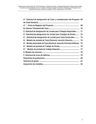 Manual para la elaboración de Tesis Doctorales, Trabajos de Grado y Trabajos Especiales. Primera edición según
las observaciones realizadas en las V Jornadas de Autoevaluación del Centro de Estudios de Postgrado de la
Facultad de Ciencias Jurídicas y Políticas (UCV), celebradas el 18-07-2003.
__________________________________________________________________________________________________________________________
v
A´´ Solicitud de designación de Tutor y consideración del Proyecto
de Tesis Doctoral......................................................................................
68
A´´´. Ficha de Registro del Proyecto...................................................... 69
B. Informe Trimestral del Tutor................................................................ 70
C. Solicitud de designación de Jurado para Trabajos Especiales....... 71
C´. Solicitud de designación de Jurado para Trabajos de Grado........ 72
C´´. Solicitud de designación de Jurado para Tesis Doctorales.......... 73
D. Modelo de portada de Tesis Doctoral, mención Derecho.............. 74
D´. Modelo deportada de Tesis Doctoral, mención Ciencias Políticas. 75
D´´. Modelo de portada de Trabajo de Grado......................................... 76
D´´´. Modelo de portada de Trabajo Especial......................................... 77
E. Modelo de resumen.............................................................................. 78
F. Solicitud de aviso de defensa.............................................................. 79
Requisitos de graduación........................................................................ 80
Solicitud de grado..................................................................................... 81
Imposición de medallas............................................................................ 82
 