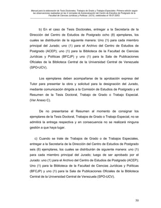 Manual para la elaboración de Tesis Doctorales, Trabajos de Grado y Trabajos Especiales. Primera edición según
las observaciones realizadas en las V Jornadas de Autoevaluación del Centro de Estudios de Postgrado de la
Facultad de Ciencias Jurídicas y Políticas (UCV), celebradas el 18-07-2003.
__________________________________________________________________________________________________________________________
50
b) En el caso de Tesis Doctorales, entregar a la Secretaría de la
Dirección del Centro de Estudios de Postgrado ocho (8) ejemplares, los
cuales se distribuirán de la siguiente manera: Uno (1) para cada miembro
principal del Jurado; uno (1) para el Archivo del Centro de Estudios de
Postgrado (ACEP); uno (1) para la Biblioteca de la Facultad de Ciencias
Jurídicas y Políticas (BFCJP) y uno (1) para la Sala de Publicaciones
Oficiales de la Biblioteca Central de la Universidad Central de Venezuela
(SPO-UCV).
Los ejemplares deben acompañarse de la aprobación expresa del
Tutor para presentar la obra y solicitud para la designación del Jurado,
mediante comunicación dirigida a la Comisión de Estudios de Postgrado y el
Resumen de la Tesis Doctoral, Trabajo de Grado o Trabajo Especial.
(Ver Anexo C).
De no presentarse el Resumen al momento de consignar los
ejemplares de la Tesis Doctoral, Trabajos de Grado o Trabajo Especial, no se
admitirá la entrega respectiva y en consecuencia no se realizará ninguna
gestión a que haya lugar.
c) Cuando se trate de Trabajos de Grado o de Trabajos Especiales,
entregar a la Secretaría de la Dirección del Centro de Estudios de Postgrado
seis (6) ejemplares, los cuales se distribuirán de siguiente manera: uno (1)
para cada miembro principal del Jurado; luego de ser aprobado por el
Jurado: uno (1) para el Archivo del Centro de Estudios de Postgrado (ACEP);
Uno (1) para la Biblioteca de la Facultad de Ciencias Jurídicas y Políticas
(BFCJP) y uno (1) para la Sala de Publicaciones Oficiales de la Biblioteca
Central de la Universidad Central de Venezuela (SPO-UCV).
 