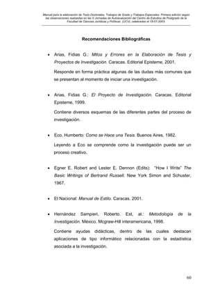 Manual para la elaboración de Tesis Doctorales, Trabajos de Grado y Trabajos Especiales. Primera edición según
las observaciones realizadas en las V Jornadas de Autoevaluación del Centro de Estudios de Postgrado de la
Facultad de Ciencias Jurídicas y Políticas (UCV), celebradas el 18-07-2003.
__________________________________________________________________________________________________________________________
60
Recomendaciones Bibliográficas
• Arias, Fidias G.: Mitos y Errores en la Elaboración de Tesis y
Proyectos de Investigación. Caracas. Editorial Episteme, 2001.
Responde en forma práctica algunas de las dudas más comunes que
se presentan al momento de iniciar una investigación.
• Arias, Fidias G.: El Proyecto de Investigación. Caracas. Editorial
Episteme, 1999.
Contiene diversos esquemas de las diferentes partes del proceso de
investigación.
• Eco, Humberto: Como se Hace una Tesis. Buenos Aires, 1982.
Leyendo a Eco se comprende como la investigación puede ser un
proceso creativo.
• Egner E. Robert and Lester E. Dennon (Edits): “How I Write” The
Basic Writings of Bertrand Russell. New York Simon and Schuster,
1967.
• El Nacional: Manual de Estilo. Caracas, 2001.
• Hernández Sampieri, Roberto. Est, al.: Metodología de la
Investigación. México. Mcgraw-Hill interamericana, 1998.
Contiene ayudas didácticas, dentro de las cuales destacan
aplicaciones de tipo informático relacionadas con la estadística
asociada a la investigación.
 