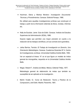 Manual para la elaboración de Tesis Doctorales, Trabajos de Grado y Trabajos Especiales. Primera edición según
las observaciones realizadas en las V Jornadas de Autoevaluación del Centro de Estudios de Postgrado de la
Facultad de Ciencias Jurídicas y Políticas (UCV), celebradas el 18-07-2003.
__________________________________________________________________________________________________________________________
61
• Hochman, Elena y Maritza Montero: Investigación Documental.
Técnicas y Procedimientos. Caracas. Editorial Panapo, 1986.
De utilidad para aquellas investigaciones jurídicas que construyen el
trabajo a partir de la información obtenida de libros, revistas, informes
etc.
• Kelly de Escobar, Janet: Guia de Estilo. Caracas. Instituto de Estudios
Superiores de Administración (IESA), 1986.
Expone reglas que permiten una mayor precisión en cuanto a la
redacción de los trabajos científicos y el uso correcto de la gramática.
• Jañez Barrios, Tarcisio: El Trabajo de Investigación en Derecho. Una
Orientación Metodológica. Caracas. Cuadernos Docentes Nº 4. Centro
de Investigaciones Jurídicas. Universidad Católica Andrés Bello, 1992.
Ver en especial el Anexo “A” en el que figura un modelo de índice
general de monografías, requerido en la Universidad Católica Andrés
Bello.
• Mager, Robert F.: Análisis de Metas. México. Editorial Trillas, 1977.
Metodología general de elaboración de metas que también es
susceptible de ser aplicado en la investigación.
• Martín Vivaldi, G.: Curso de Redacción. Teoría y Práctica de la
Composición y del Estilo. Madrid. Paraninfo, 1981.
 
