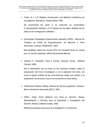 Manual para la elaboración de Tesis Doctorales, Trabajos de Grado y Trabajos Especiales. Primera edición según
las observaciones realizadas en las V Jornadas de Autoevaluación del Centro de Estudios de Postgrado de la
Facultad de Ciencias Jurídicas y Políticas (UCV), celebradas el 18-07-2003.
__________________________________________________________________________________________________________________________
64
• Taylor, S. J. y R. Bogdan: Introducción a los Métodos Cualitativos de
Investigación. Barcelona. Piados Ibérica 1987.
Se recomienda las parte 4, la entrevista en profundidad;
5, descubriendo métodos y 6, el trabajo con los datos. Análisis de los
datos en la investigación cualitativa.
• Universidad Pedagógica Experimental Libertador (UPEL): Manual de
Trabajos de Grado de Especialización, de Maestría y Tesis
Doctorales. Caracas. FEDEUPEL, 2003.
Muy detallado, aplica las normas APA. Es necesario tener en cuenta
que, en muchos aspectos, difiere del presente Manual.
• Valarino H., Elizabeth: Tesis a Tiempo. Caracas. Grupo Editorial
Carnero, 2000.
Útil la descripción que se hace en los capítulos iniciales, sobre la
preparación del futuro investigador y de la selección del tema, así
como el agudo análisis de las circunstancias vitales que rodean a la
preparación de las tesis y que no se encuentra en otros textos.
• Vethencourt Velazco, Belkys: Manual de Técnica Legislativa. Caracas.
Banco Central de Venezuela (BCV), 1993.
• Witker, Jorge: Cómo Elaborar una Tesis en Derecho. Pautas
Metodológicas y Técnicas para el Estudiante o Investigador del
Derecho. México. Editorial Civitas, 1985.
Referencia expresa al proceso de investigación en el Derecho.
 