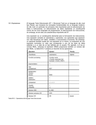 10.1 Expresiones El lenguaje Texto Estructurado (ST = Structured Text) es un lenguaje de alto nivel
tipo Pascal, que incorpora los conceptos fundamentales de un lenguaje moderno
de alto nivel, en particular los principios más importantes para la estructuración de
datos e instrucciones. La estructuración de datos representa un constituyente
común de los cinco lenguajes de programación; la estructuración de instrucciones,
sin embargo, es tan sólo una característica importante del ST.
Una expresión es un constituyente elemental para la formulación de instrucciones.
Una expresión consiste en operadores y operandos. Los operandos que aparecen
con más frecuencia son datos, variables o invocaciones a funciones. Sin embargo,
un operando también puede ser una expresión en sí mismo. La evaluación de una
expresión suministra un valor que corresponde a uno de los tipos de datos
estándar o a un dato de un tipo definido por el usuario. Por ejemplo, si X es un
número REAL, entonces la expresión SIN(X) proporciona también un número del
tipo REAL. La tabla B1O.1 contiene un resumen de los operadores.
Tabla B10.1: Operadores del lenguaje Texto Estructurado
 