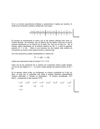 Si en un número estuviéramos limitados a exactamente 2 dígitos por posición, el
sistema de numeración quedaría configurado como sigue:
Ejemplo
El principio es exactamente el mismo que el del método utilizado para crear un
número decimal. Sin embargo, sólo se dispone de dos dígitos, razón por la cual la
posición significativa no se calcula con la base 10x, sino con la base 2x. Así, el
número menos significativo en el extremo derecho es 20= 1, y para la siguiente
posición 21 = 2, etc. Dado el uso exclusivo de dos dígitos, este sistema de
numeración se conoce como sistema binario o sistema dual.
Con ocho posiciones, pueden representarse un máximo de:
2
8
- 1 = 256 - 1 = 255
valores que alcanzarían hasta el número 1111 11112
Cada una de las posiciones de un sistema de numeración binario puede adoptar
uno de los dos dígitos 0 o 1. La menor unidad posible del sistema binario es de 1
bit.
En el ejemplo citado arriba, se configurado un número consistente en 8 bits, es
decir, un byte (en un ordenador que utilice 8 señales eléctricas representando
"tensión disponible" o "tensión no disponible"). El número considerado, 1011
00012 , corresponde al valor decimal 17710.
Ejemplo
 