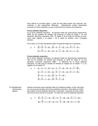 Para obtener la ecuación lógica a partir de esta tabla existen dos opciones, que
conducen a dos expresiones diferentes. Naturalmente ambas expresiones
producen el mismo resultado, ya que se describen las mismas circunstancias.
Forma estándar disyuntiva
En la forma estándar disyuntiva, se agrupan todas las conjunciones (operaciones
AND) de las variables de entrada que producen la señal de salida 1, en una
operación disyuntiva (operación OR). El estado 0 de la señal de entrada se toma
como valor negado, y el estado 1 de la señal de entrada, como no-negada
(directa).
Por lo tanto, en el caso del ejemplo dado, la operación lógica es la siguiente:
Forma estándar conjuntiva
En la forma estándar conjuntiva, se agrupan todas las disyunciones (operaciones
OR) de las variables de entrada que producen la señal de salida 0, en una
operación conjuntiva (operación AND). A diferencia de la forma estándar
disyuntiva, en este caso la variable de entrada es negada con el estado "1" y no-
negada con el estado "0".
3.4 Simplificación Ambas ecuaciones para el ejemplo dado son bastante amplias, si bien más larga
de funciones aún es la que se ha dado como forma estándar conjuntiva. Esto define el criterio
lógicas para utilizar la forma estándar disyuntiva o conjuntiva: la decisión se hace a favor
de la forma más corta de la ecuación. En este caso la forma estándar disyuntiva.
 