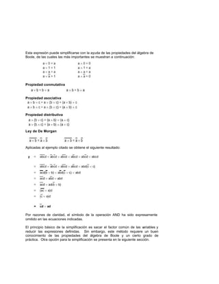Esta expresión puede simplificarse con la ayuda de las propiedades del álgebra de
Boole, de las cuales las más importantes se muestran a continuación:
Propiedad conmutativa
Propiedad asociativa
Propiedad distributiva
Ley de De Morgan
Aplicadas al ejemplo citado se obtiene el siguiente resultado:
Por razones de claridad, el símbolo de la operación AND ha sido expresamente
omitido en las ecuaciones indicadas.
El principio básico de la simplificación es sacar el factor común de las variables y
reducir las expresiones definidas. Sin embargo, este método requiere un buen
conocimiento de las propiedades del álgebra de Boole y un cierto grado de
práctica. Otra opción para la simplificación se presenta en la siguiente sección.
 