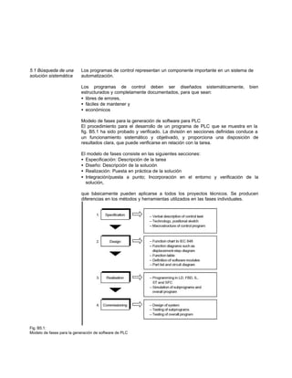 5.1 Búsqueda de una Los programas de control representan un componente importante en un sistema de
solución sistemática automatización.
Los programas de control deben ser diseñados sistemáticamente, bien
estructurados y completamente documentados, para que sean:
• libres de errores,
• fáciles de mantener y
• económicos
Modelo de fases para la generación de software para PLC
El procedimiento para el desarrollo de un programa de PLC que se muestra en la
fig. B5.1 ha sido probado y verificado. La división en secciones definidas conduce a
un funcionamiento sistemático y objetivado, y proporciona una disposición de
resultados clara, que puede verificarse en relación con la tarea.
El modelo de fases consiste en las siguientes secciones:
• Especificación: Descripción de la tarea
• Diseño: Descripción de la solución
• Realización: Puesta en práctica de la solución
• Integración/puesta a punto; Incorporación en el entorno y verificación de la
solución,
que básicamente pueden aplicarse a todos los proyectos técnicos. Se producen
diferencias en los métodos y herramientas utilizados en las fases individuales.
Fig. B5.1:
Modelo de fases para la generación de software de PLC
 
