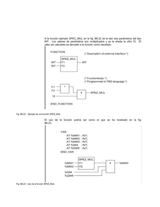 A la función ejemplo SPEC_MUL en la fig. B6.22 se le dan dos parámetros del tipo
INT. Los valores de parámetros son multiplicados y se le añade la cifra 15. El
valor así calculado es devuelto a la función como resultado.
Fig. B6.22: Ejemplo de una función SPEZ_MUL
El uso de la función podría ser como el que se ha mostrado en la fig.
B6.23.
Fig. B6.23: Uso de la función SPEZ_MUL
 