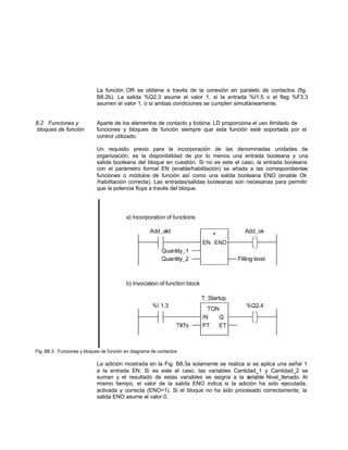 La función OR se obtiene a través de la conexión en paralelo de contactos (fig.
B8.2b). La salida %Q2.3 asume el valor 1, si la entrada %I1.5 o el flag %F3.3
asumen el valor 1, o si ambas condiciones se cumplen simultáneamente.
8.2 Funciones y Aparte de los elementos de contacto y bobina, LD proporciona el uso ilimitado de
bloques de función funciones y bloques de función siempre que esta función esté soportada por el
control utilizado.
Un requisito previo para la incorporación de las denominadas unidades de
organización, es la disponibilidad de por lo menos una entrada booleana y una
salida booleana del bloque en cuestión. Si no es este el caso, la entrada booleana
con el parámetro formal EN (enable/habilitación) se añada a las correspondientes
funciones o módulos de función así como una salida booleana ENO (enable Ok
/habilitación correcta). Las entradas/salidas booleanas son necesarias para permitir
que la potencia fluya a través del bloque.
Fig. B8.3: Funciones y bloques de función en diagrama de contactos
La adición mostrada en la Fig. B8.3a solamente se realiza si se aplica una señal 1
a la entrada EN. Si es este el caso, las variables Cantidad_1 y Cantidad_2 se
suman y el resultado de estas variables se asigna a la variable Nivel_llenado. Al
mismo tiempo, el valor de la salida ENO indica si la adición ha sido ejecutada,
activada y correcta (ENO=1). Si el bloque no ha sido procesado correctamente, la
salida ENO asume el valor 0.
 
