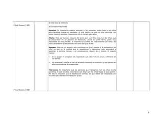 de este tipo de violencia.
César Romero 2.000
                     ACTITUDES POSITIVAS

                     Escucha: Es importante prestar atención a las personas, sobre todo a los niños
                     escuchándolos cuando lo necesitan, lo cual implica no solo oír sino escuchar con
                     todos nuestros sentidos, disponiendo de un tiempo para ellos.

                     Afecto: Todo ser humano necesita del amor para vivir feliz; mas aun los niños, que
                     se encuentran en un proceso de formación, donde el cariño forma parte muy
                     importante de este proceso. Si nosotros los adultos nos relacionamos con amor, los
                     niños aprenderán a relacionarse con otros de igual forma.

                     Respeto: Este es un aspecto que contribuye en gran medida a la autoestima del
                     niño, ya que en la medida que lo respetemos y valoremos, este aprenderá a
                     quererse, a sentirse valioso y en consecuencia, seguro de si mismo. El respeto
                     implica:

                     •   El no juzgar ni comparar: Es importante que cada niño es único y diferente de
                         los demás.

                     •   No amenazar, porque en vez de ayudarlo hacemos lo contrario, lo que genera en
                         ellos sentimientos de inseguridad.


                     Tolerancia: Es importante que las personas que trabajamos con los niños mucha
                     paciencia, lo cual no debe confundirse con dejar que los niños hagan lo que quieran.
                     Por ello es necesario que se establezcan normas, las que deben ser respetadas por
                     los niños para facilitar el trabajo en grupo.




César Romero 2.000




                                                                                                            8
 