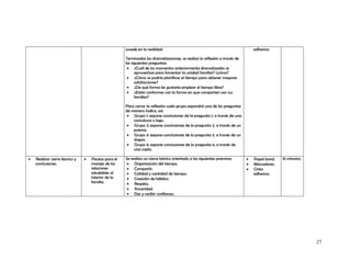 sucede en la realidad.                                                    adhesiva.

                                                     Terminadas las dramatizaciones, se realiza la reflexión a través de
                                                     las siguientes preguntas:
                                                      • ¿Cuál de los momentos anteriormente dramatizados se
                                                           aprovechan para fomentar la unidad familiar? ¿cómo?
                                                      • ¿Cómo se podría planificar el tiempo para obtener mayores
                                                           satisfacciones?
                                                      • ¿De qué forma les gustaría emplear el tiempo libre?
                                                      • ¿Están conformes con la forma en que comparten con sus
                                                           familias?

                                                     Para cerrar la reflexión cada grupo expondrá una de las preguntas
                                                     de manera lúdica, así:
                                                      • Grupo 1: expone conclusiones de la pregunta 1, a través de una
                                                         caricatura o logo.
                                                      • Grupo 2: expone conclusiones de la pregunta 2, a través de un
                                                         poema.
                                                      • Grupo 3: expone conclusiones de la pregunta 3, a través de un
                                                         slogan.
                                                      • Grupo 4: expone conclusiones de la pregunta 4, a través de
                                                         una copla.

•   Realizar cierre téorico y   •   Pautas para el   Se realiza un cierre teórico orientado a las siguientes premisas:     •   Papel bond.   15 minutos.
    conclusiones.                   manejo de las     • Organización del tiempo.                                           •   Marcadores.
                                    relaciones        • Compartir.                                                         •   Cinta
                                    saludables al     • Calidad y cantidad de tiempo.                                          adhesiva.
                                    interior de la    • Creación de hábitos.
                                    familia.          • Respeto.
                                                      • Sinceridad.
                                                      • Dar y recibir confianza.




                                                                                                                                                           27
 