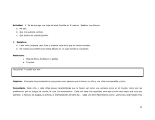 Actividad: 1. Se les entrega una hoja de block dividida en 3 cuadros. Realizar tres dibujos.
     a. Me veo.
     b. Que me gustaría cambiar
     c. Que quiero ser cuando grande.


2.   Socializo:
     a. Cada niño comparte cada ficha y se toma nota de lo que los niños expresen.
     b. Se realiza una cartelera con estos dibujos en un lugar donde se visualicen.


Materiales:
               Hoja de block dividida en 3 partes
               Crayolas


TALLER Nº 7 “COMO SOY YO”




Objetivo:    Comparte las características que posee como persona que lo hacen un niño y una niña incomparable y único.


Comentario: Cada niño y cada niñas posee características que lo hacen ver como una persona única en el mundo, como son las
preferencias por los juegos, la comida, la ropa, los sentimientos. Cada uno tiene una capacidad para algo que lo hace mejor que otros por
ejemplo: la lectura, los juegos, la pintura, la dramatización, el baile etc..   Cada uno tiene favoritismos como: personas y actividades mas




                                                                                                                                         54
 