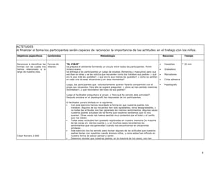 ACTITUDES
Al finalizar el tema los participantes serán capaces de reconocer la importancia de las actitudes en el trabajo con los niños.
Objetivos específicos      Contenidos                                   Metodología                                                 Recursos           Tiempo


Reconocer e identificar las Formas de   “EL VIAJE”                                                                              •    Cassettes        * 30 min
formas con las cuales nos relación.     Se prepara el ambiente formando un circulo entre todos los participantes. Poner
hemos relacionado a lo                  música suave.                                                                           •    Grabadora
largo de nuestra vida.                  Se entrega a los participantes un juego de siluetas (femenina y masculina) para que
                                        escriban en ellas y se les solicita que recuerden como los trataban sus padres: ¿ qué   •    Marcadores
                                        era lo que más les gustaba?, ¿ qué era lo que menos les gustaba?, ¿ cómo se sentían
                                        en cada una de esas situaciones y en esos momentos?                                     •    Cinta adhesiva

                                        Luego, los participantes que voluntariamente quieran hacerlo compartirán con el         •    Papelografo
                                        grupo sus recuerdos. Para ello se sugiere preguntar: ¿ cómo se han sentido mientras
                                        recordaban?, ¿ que recordaron del trato de sus padres?

                                        Luego el facilitador preguntara al grupo: ¿ Para qué ha servido esta actividad?.
                                        Después anotara en el papelografo las respuestas de los participantes.

                                        El facilitador pondrá énfasis en lo siguiente:
                                        •    Con este ejercicio hemos recordado la forma en que nuestros padres nos
                                             trataban. Algunos de los recuerdos han sido agradables, otros desagradables, y
                                             no todas las actitudes nos han generado los mismos sentimientos. Algunas veces
                                             nuestros padres actuaban de tal forma que nosotros sentíamos que no nos
                                             querían. Otras veces nos hemos sentido muy contentos por el trato y el cariño
                                             que nos daban.
                                        •    Todas estas actitudes han quedado registradas en nuestra memoria (la mayoría
                                             de las veces sin darnos cuenta ), y en muchos casos recordamos los
                                             sentimientos que nos generaban cuando nos encontramos en situaciones
                                             similares
                                        •    Este ejercicio nos ha servido para revisar algunas de las actitudes que nuestros
                                             padres tenían con nosotros cuando éramos niños, y como estas han influido en
César Romero 2.000                           nuestra forma de actuar pensar y sentir.
                                        •    Debemos recodar que nuestros padres, en la mayoría de los casos, nos han




                                                                                                                                                                 4
 