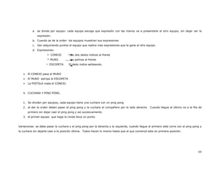a. se divide por equipo: cada equipo escoge que expresión con las manos va a presentarle al otro equipo, sin dejar ver la
              expresión.
          b. Cuando se de la orden los equipos muestran sus expresiones
          c. Van adquiriendo puntos el equipo que realice mas expresiones que le gane al otro equipo.
          d. Expresiones:
                        CONEJO        Los dos dedos índices al frente
                       MURO           las palmas al frente
                       ESCOPETA       El dedo índice señalando.


       El CONEJO pasa el MURO
       El MURO estripa la ESCOPETA
       La PISTOLA mata el CONEJO.


   4. CUCHARA Y PING PONG.


   1. Se dividen por equipos, cada equipo tiene una cuchara con un ping pong
   2. al dar la orden deben pasar el ping pong y la cuchara al compañero por le lado derecho. Cuando llegue al último va a la fila de
       primero sin dejar caer el ping pong y así sucesivamente.
   3. el primer equipo que haga la ronda lleva un punto.


Variaciones: se debe pasar la cuchara y el ping pong por la derecha y la izquierda, cuando llegue al primero este corre con el ping pong y
la cuchara sin dejarla caer a la posición última. Todos hacen lo mismo hasta que el que comenzó este en primera posición.




                                                                                                                                       64
 
