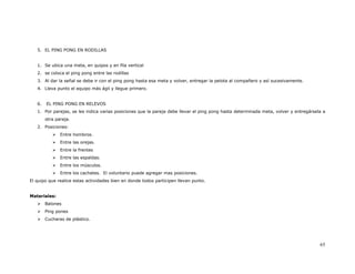 5. EL PING PONG EN RODILLAS


   1. Se ubica una meta, en quipos y en fila vertical
   2. se coloca el ping pong entre las rodillas
   3. Al dar la señal se debe ir con el ping pong hasta esa meta y volver, entregar la pelota al compañero y así sucesivamente.
   4. Lleva punto el equipo más ágil y llegue primero.


   6.   EL PING PONG EN RELEVOS
   1. Por parejas, se les indica varias posiciones que la pareja debe llevar el ping pong hasta determinada meta, volver y entregársela a
        otra pareja.
   2. Posiciones:
               Entre hombros.
               Entre las orejas.
               Entre la frentes
               Entre las espaldas.
               Entre los músculos.
               Entre los cachetes. El voluntario puede agregar mas posiciones.
El quipo que realice estas actividades bien en donde todos participen llevan punto.


Materiales:
        Balones
        Ping pones
        Cucharas de plástico.




                                                                                                                                      65
 