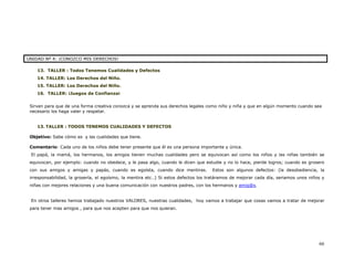UNIDAD Nº 4: ¡CONOZCO MIS DERECHOS!

    13. TALLER : Todos Tenemos Cualidades y Defectos
    14. TALLER: Los Derechos del Niño.
    15. TALLER: Los Derechos del Niño.
    16. TALLER: ¡Juegos de Confianza¡


 Sirven para que de una forma creativa conozca y se aprenda sus derechos legales como niño y niña y que en algún momento cuando sea
 necesario los haga valer y respetar.


    13. TALLER : TODOS TENEMOS CUALIDADES Y DEFECTOS

 Objetivo: Sabe cómo es y las cualidades que tiene.

 Comentario: Cada uno de los niños debe tener presente que él es una persona importante y única.
 El papá, la mamá, los hermanos, los amigos tienen muchas cualidades pero se equivocan así como los niños y las niñas también se
 equivocan, por ejemplo: cuando no obedece, y le pasa algo, cuando le dicen que estudie y no lo hace, pierde logros; cuando es grosero
 con sus amigos y amigas y papás, cuando es egoísta, cuando dice mentiras.            Estos son algunos defectos: (la desobediencia, la
 irresponsabilidad, la grosería, el egoísmo, la mentira etc..) Si estos defectos los tratáramos de mejorar cada día, seriamos unos niños y
 niñas con mejores relaciones y una buena comunicación con nuestros padres, con los hermanos y amig@s.


 En otros talleres hemos trabajado nuestros VALORES, nuestras cualidades, hoy vamos a trabajar que cosas vamos a tratar de mejorar
 para tener mas amigos , para que nos acepten para que nos quieran.




                                                                                                                                       66
 